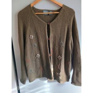 Ivy silk cotton olive hand-embroidered classic cardigan sweater L cottage core